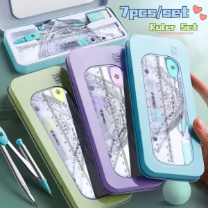 7pcs Geometric Mathematical Drawing Tool Set Multi-functional Compass Protractor Ruler Eraser