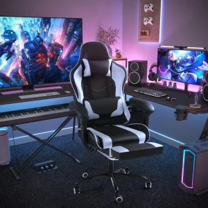 Lacoo PU Leather Gaming Chair Massage Ergonomic Gamer Chair Height Adjustable Computer Chair with Footrest & Lumbar Support