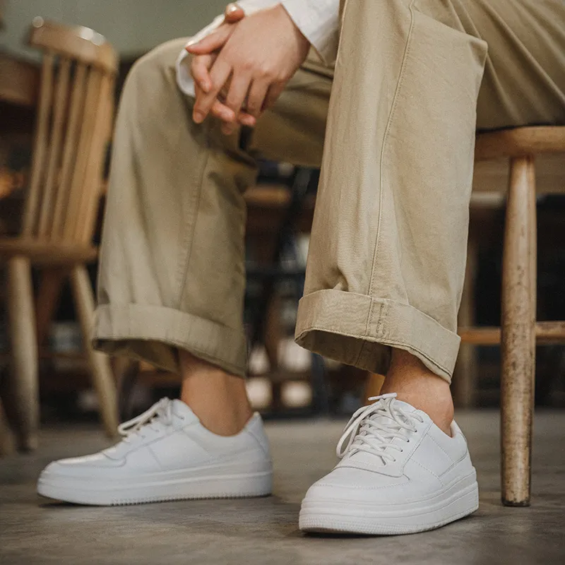 Maden 2023 Summer Breathable White Shoes for Men Casual Thick Bottom Skateboard Sneakers Fashion Leather Tennis Sports Shoes