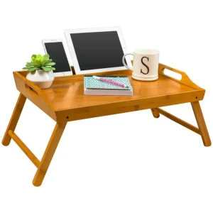 Media Bed Tray / Breakfast Table with Phone/Tablet Holder - Natural Bamboo (Fits up to 12.9" Tablet/17.3" Laptop)