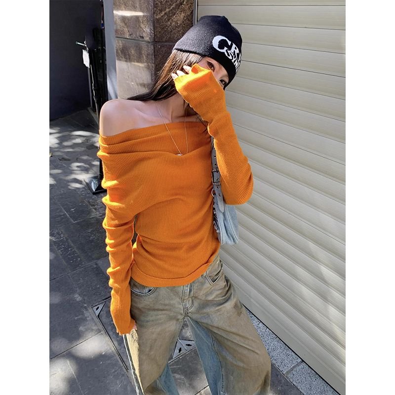 Autumn Winter New Fashion One Shoulder Long Sleeve Solid Pullovers Women's Clothing Slim All-match Korean Knitting Trend Tops